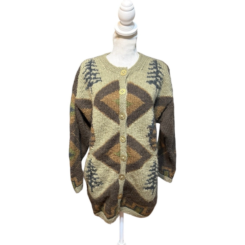 Lost Horizons Cardigan Womens Small Floral Heavy Wool Fleece Tree Abstract